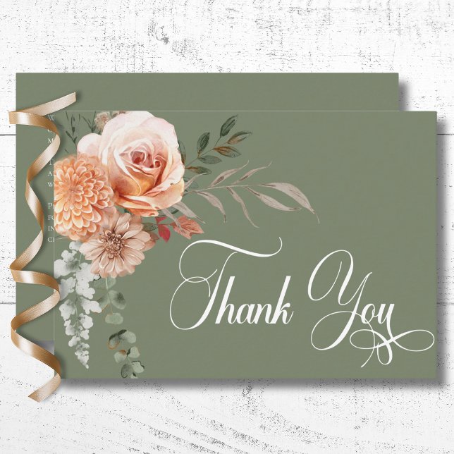 Boho Peach & Rust Blumenzage Grüne Hochzeit Dankeskarte (Boho Peach & Rust Floral Sage Green Wedding Thank You Card)