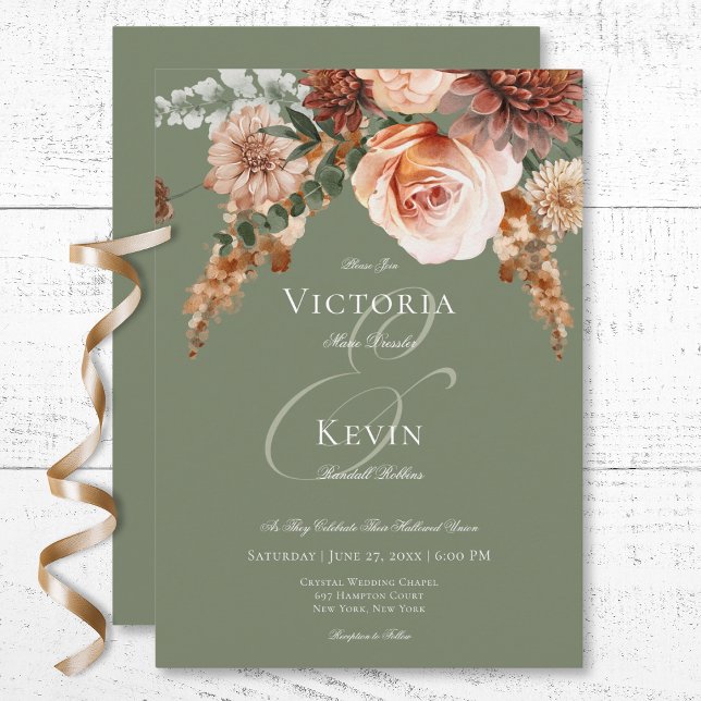 Boho Peach & Rust Blumenzage Grüne Hochzeit Einladung (Boho Peach & Rust Floral Sage Green Wedding Invitation)
