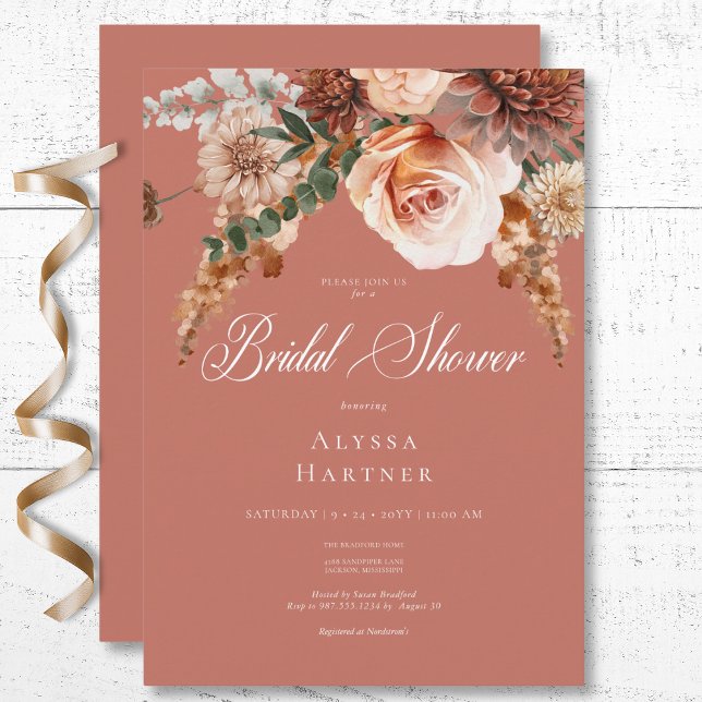 Boho Peach & Rust Brautparty Einladung (Boho Peach & Rust Floral Rust Bridal Shower Invitation)