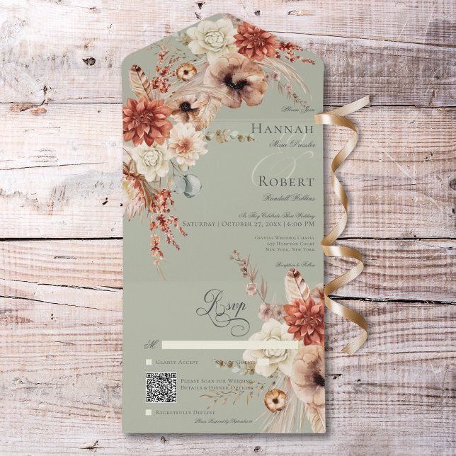 Boho Peach & Rust Floral & Feather Green QR Code All In One Einladung (Boho Peach & Rust Floral & Feather Green QR Code All In One Invitation)