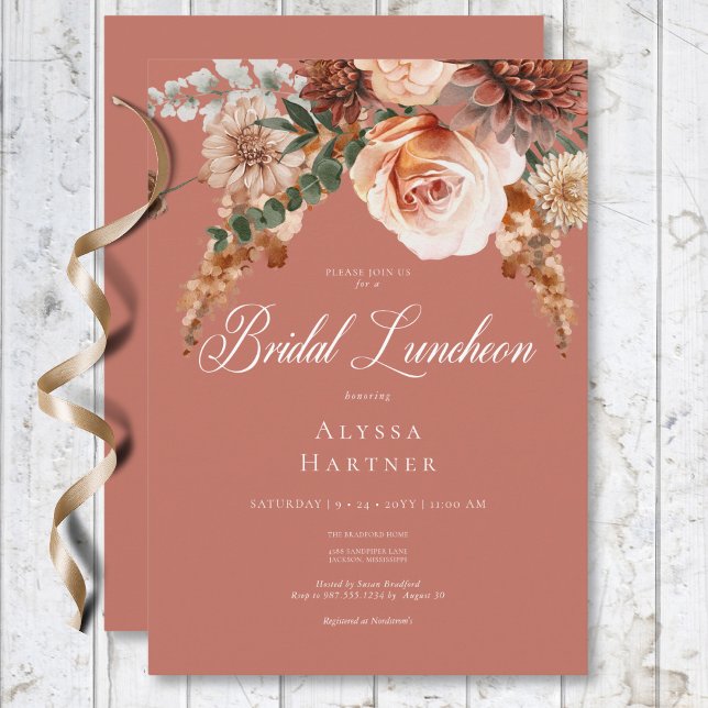 Boho Peach & Rust Floral Rust Bridal Luncheon Einladung (Boho Peach & Rust Floral Rust Bridal Luncheon Invitation)