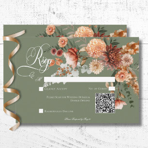 Boho Peach & Rust Floral Sage Green QR Code RSVP Karte