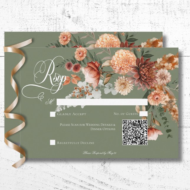 Boho Peach & Rust Floral Sage Green QR Code RSVP Karte (Boho Peach & Rust Floral Sage Green QR Code RSVP Card)