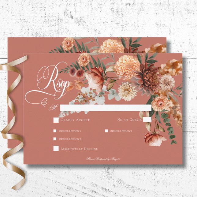 Boho Peach & Rust Rostbrust Abendessen RSVP Karte (Boho Peach & Rust Floral Rust Wedding Response Card with Dinner Options)