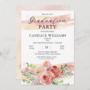 Boho Peach Watercolor Floral Graduation Party Einladung