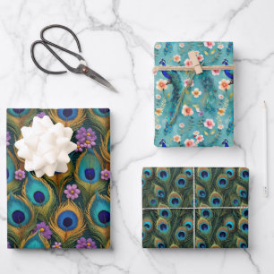 Boho Peacocks und lebendige Pfauenfeathers Florals Geschenkpapier Set