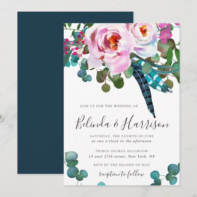 Boho Peonies Botanical Wedding Einladung (Vorne/Hinten)