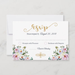 Boho Peony Navy Gold Modern Floral RSVP Card