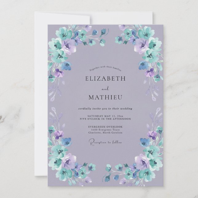 Boho Periwinkle Türkis Gemalte Hochzeit Einladung (Vorderseite)