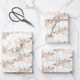 Boho personalisierte Erröten Rose Goldquinceanera Geschenkpapier Set