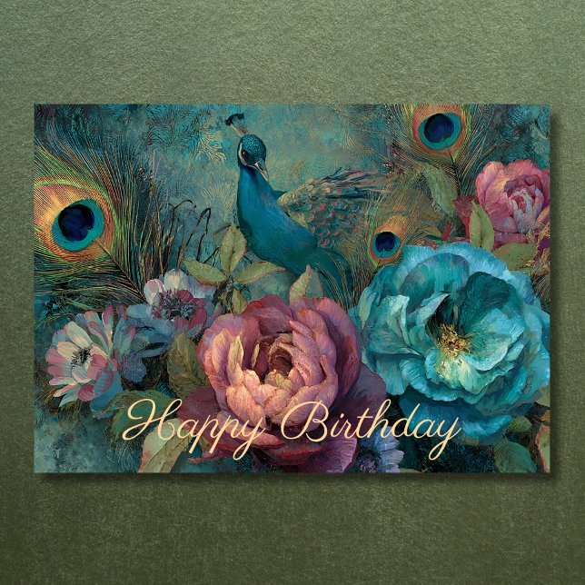 Boho-Pfau-Blumen und Federn Geburtstag Karte (Boho Peacock Flowers and Feathers Birthday Card Front)