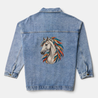 Boho-Pferd mit gefiederter Mähne Denim Jeansjacke