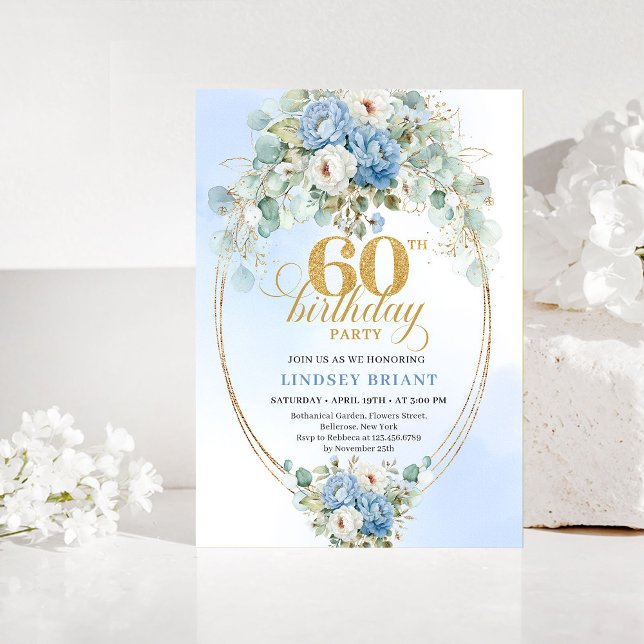 Boho-Pfingstrosen in Pastellblau – Einladung zum 6 (Boho Pastel Blue Peonies 60th Birthday Invitation)
