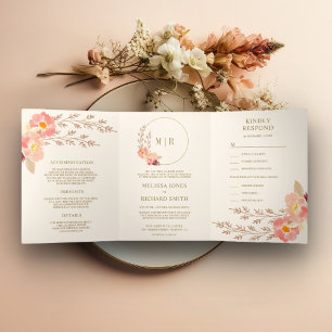 Boho Pfirsich Blumen Hochzeit Alles in Einem Ivory Dreifach Gefaltete Einladung
