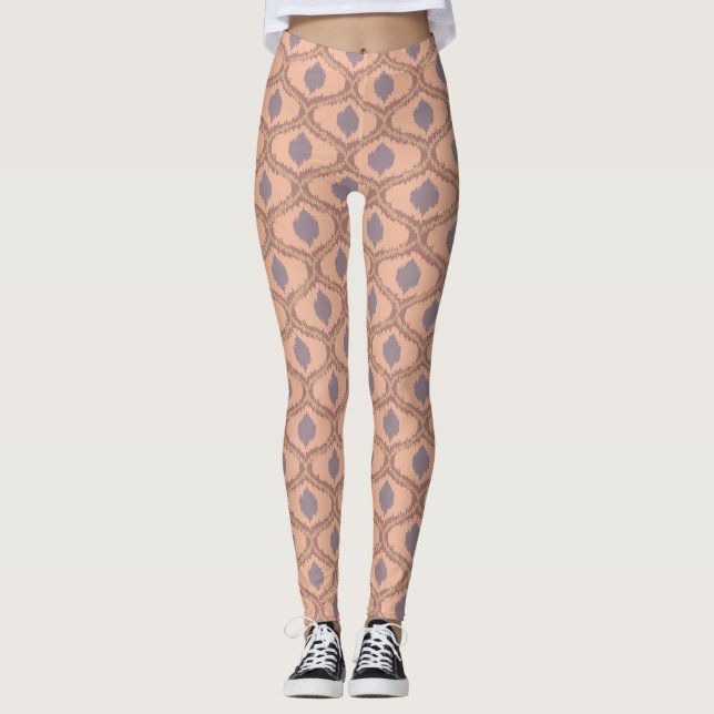 Boho Pfirsich Mauve Ikat Muster Leggings (Vorderseite)