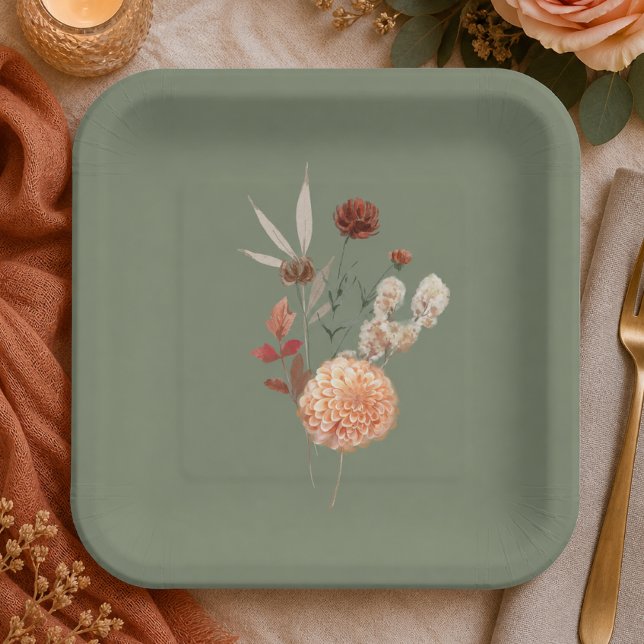 Boho Pfirsich & Rost Floral Sage Grün Brautparty Pappteller (Von Creator hochgeladen)