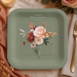 Boho Pfirsich & Rost Floral Sage Grün Brautparty Pappteller