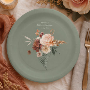 Boho Pfirsich & Rost Floral Sage Grün Brautparty Pappteller
