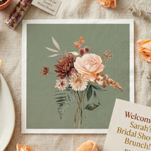 Boho Pfirsich & Rost Floral Sage Grün Brautparty Serviette