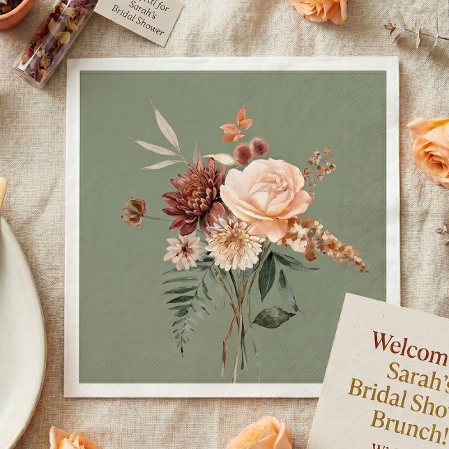 Boho Pfirsich & Rost Floral Sage Grün Brautparty Serviette (Von Creator hochgeladen)