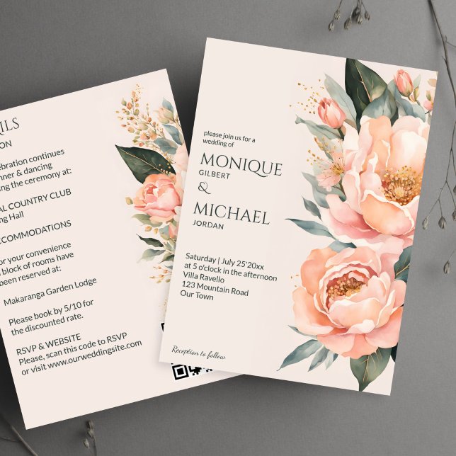 Boho pfirsichfarbene Blüten in einer Hochzeit Einladung (Boho peach earthy floral all in one wedding invitation template digital download summer flowers)