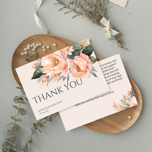 Boho pfirsichgrüne erdgrüne Blumenhochzeit Dankeskarte (Boho peach peonies flowers earthy floral wedding thank you cards simple modern thank yous)
