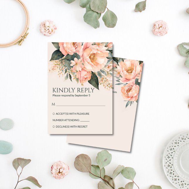 Boho pfirthy florale Sommer Hochzeit Frühjahr RSVP Karte (Boho peach peonies earthy floral summer spring wedding RSVP card qr rsvp cards)