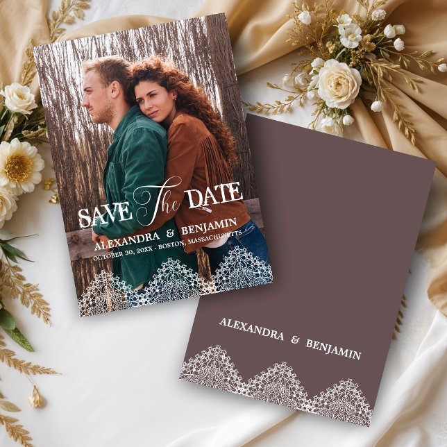 Boho Photo Lace Effect Whimsical Typography Save The Date (Rustic Boho Photo Lace Effect Whimsical Typography Save the Date Cards with Envelope.)