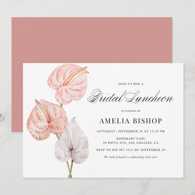 Boho Pink Anthuriums Tropical Bridal Luncheon Einladung (Vorne/Hinten)