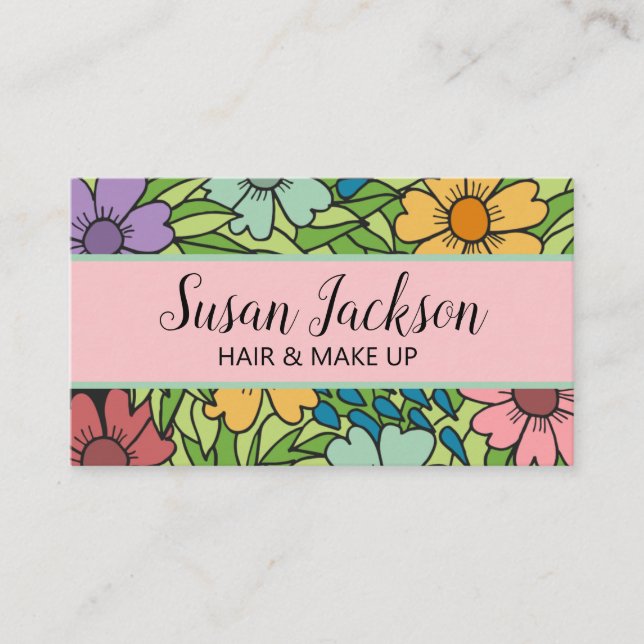Boho Pink Aqua Gold Happy Floral Business Card Visitenkarte (Vorderseite)