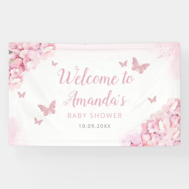Boho Pink Aquarell Bläsernschmetterling Baby Dusch Banner (Horizontal)