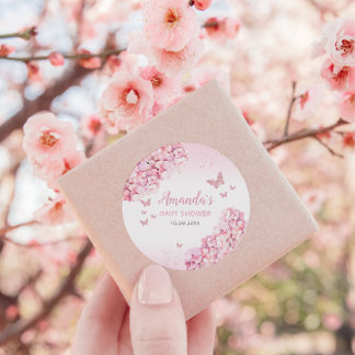 Boho Pink Aquarell Bläsernschmetterling Baby Dusch Runder Aufkleber