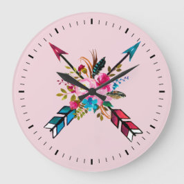 Boho Pink Arrows & Feathers Bouquet Wall Clock Große Wanduhr
