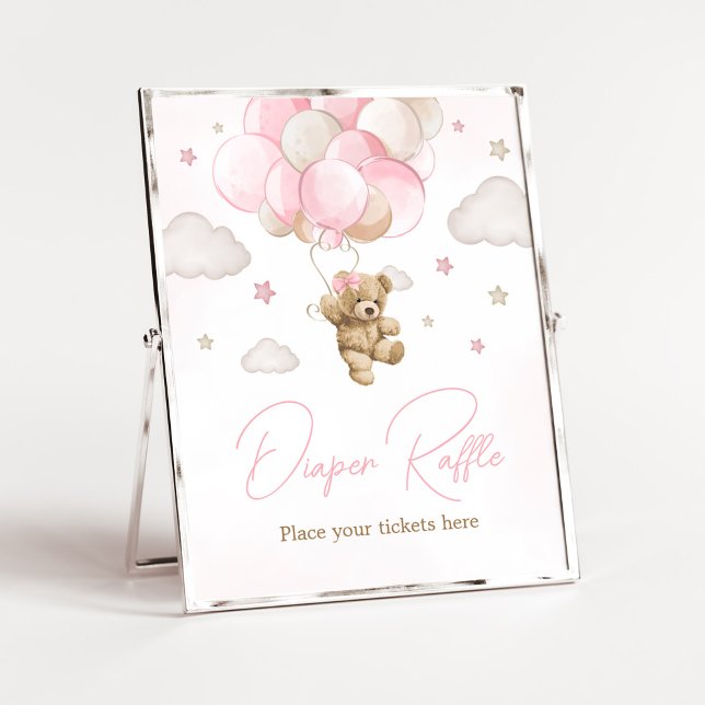 Boho Pink Bären Ballon Babydusche Windelwanne Raff Poster (We Can Bearly Wait Pink Balloon Baby Shower Diaper Raffle Sign)
