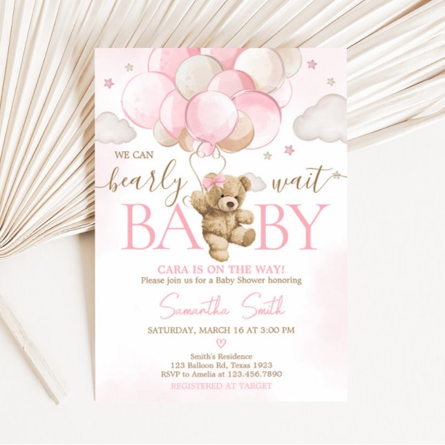 Boho Pink Bear Balloon Babydusche Einladung (We Can Bearly Wait Pink Balloon Baby Shower Invitation )