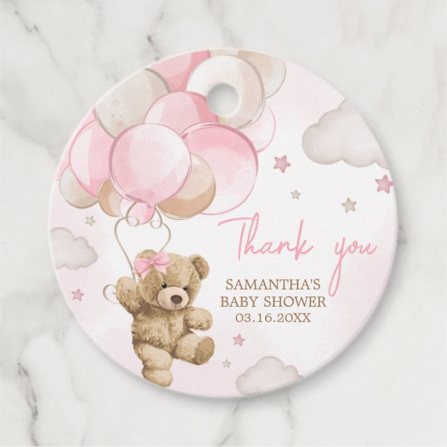 Boho Pink Bear Balloon Babydusche Geschenkanhänger (Vorderseite)