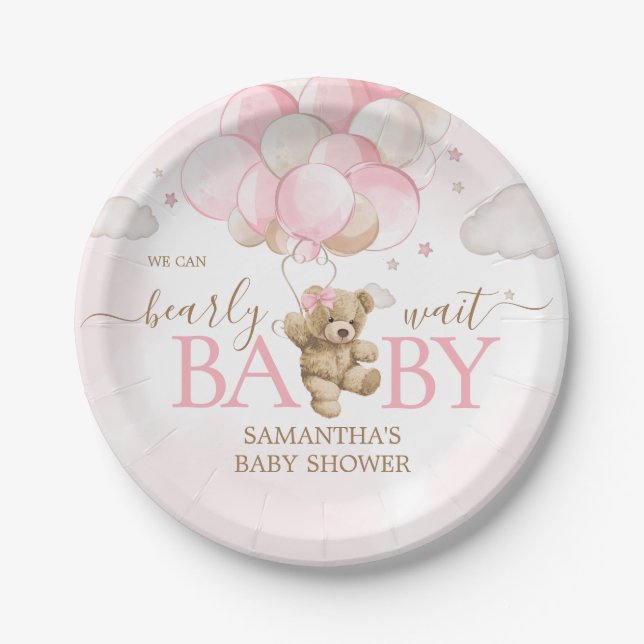 Boho Pink Bear Balloon Babydusche Pappteller (Vorderseite)