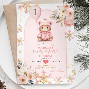 Boho Pink Beary First Winter Birthday Einladung