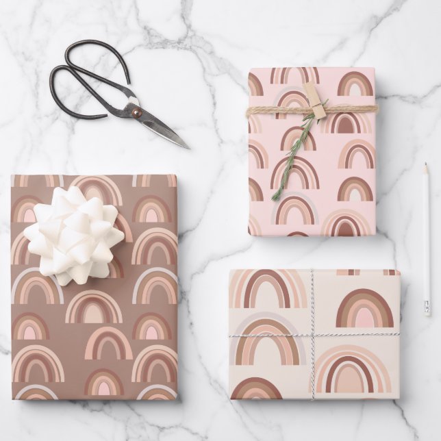 Boho Pink Beige Rainbow Wrapping Paper Sheets Geschenkpapier Set (Vorderseite)
