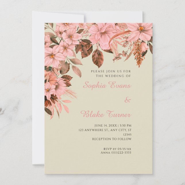 Boho Pink Bläserner Herbst Bamboo Hochzeit Einladung (Vorderseite)