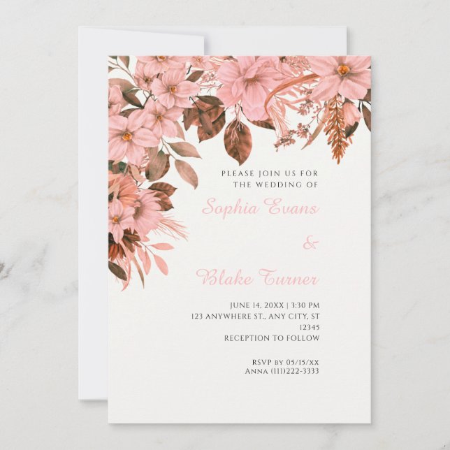 Boho Pink Bläserner Herbst Weiße Hochzeit Einladung (Vorderseite)