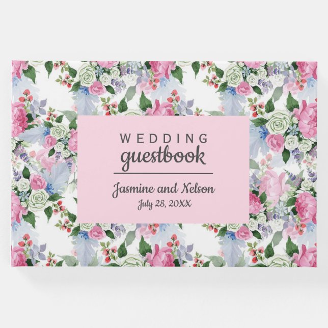 Boho Pink Blue Blumen Hochzeit Personalisierte Blu Gästebuch (Vorderseite)