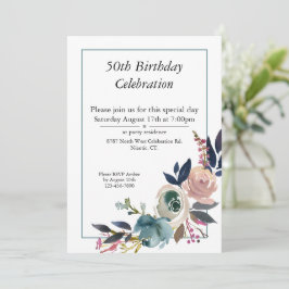 Boho Pink Blue Floral Anpassbar 50. Geburtstag Einladung