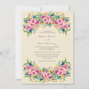 Boho Pink Blue Yellow Flowers Hochzeit Einladung