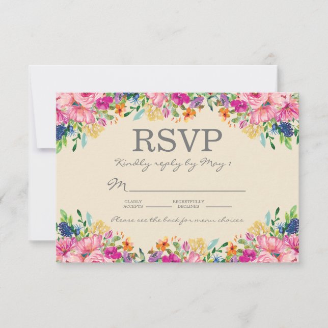 Boho Pink Blue Yellow Flowers Hochzeit RSVP Karte (Vorderseite)