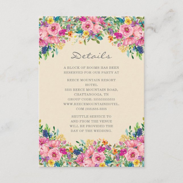 Boho Pink Blue Yellow Flowers Hochzeitdetails Begleitkarte (Vorderseite)