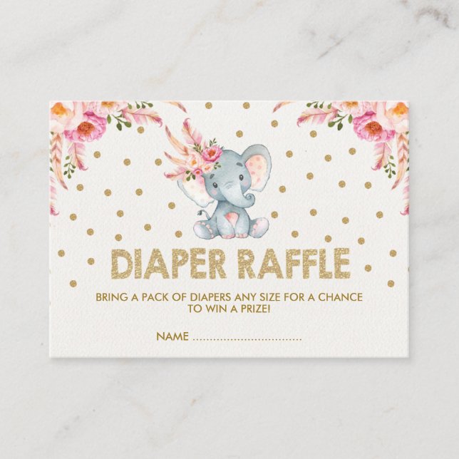 Boho Pink Blume Elephant Diaper Raffle Ticket Begleitkarte (Vorderseite)