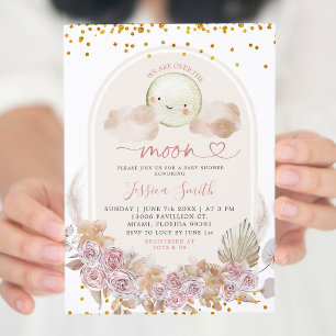 Boho Pink Blume über dem Mond Baby Dusche Einladun Einladung