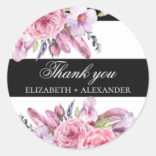 Boho pink Blume und Federn Hochzeit danke Runder Aufkleber