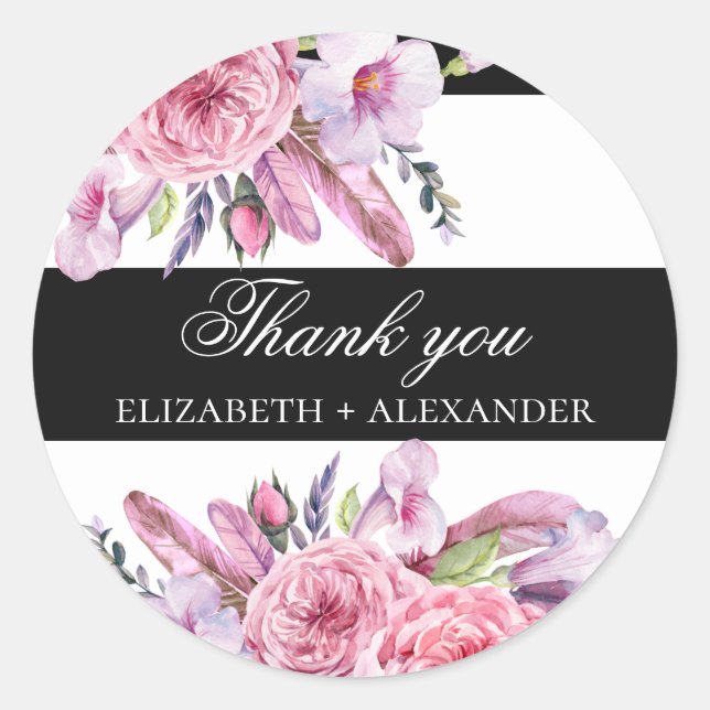Boho pink Blume und Federn Hochzeit danke Runder Aufkleber (Vorderseite)